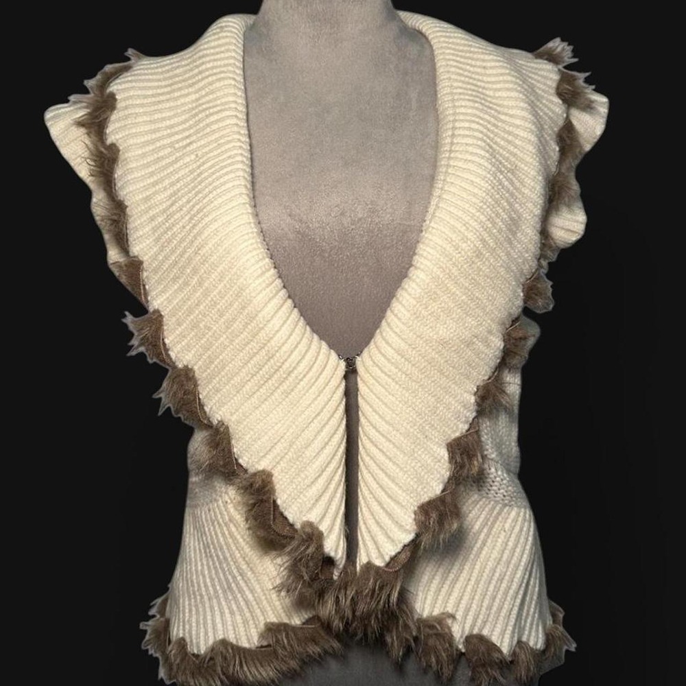 Cache Vintage Y2K Faux Fur Trimmed Knit Vest Womens XL Off White Cream